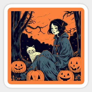 Halloween Sad Woman with Cat and coat Sticker